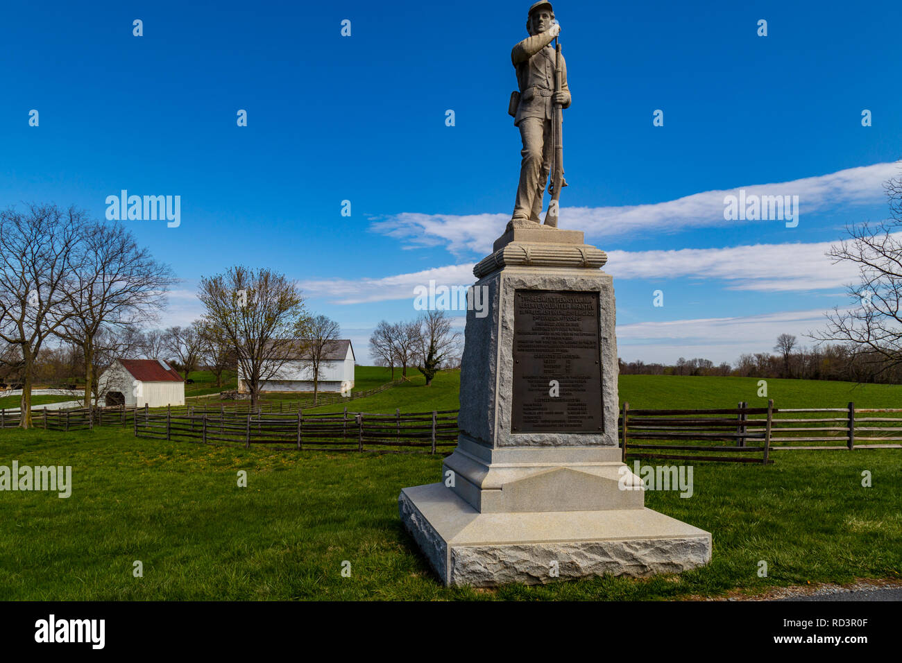 Sharpsburg, MD, USA - April 10, 2016: A monument of the 7th Regiment Pennsylvania Reserve Volunteer Infantry on the Antietam Battlefield. Stock Photo