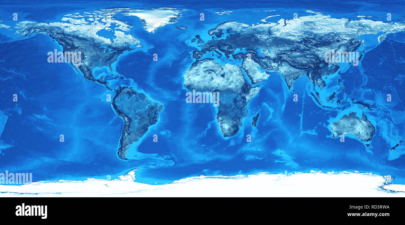 Detailed flat view of the Earth and its landforms. Global world map colored in blue. 3D illustration - Elements of this image furnished by NASA Stock Photo