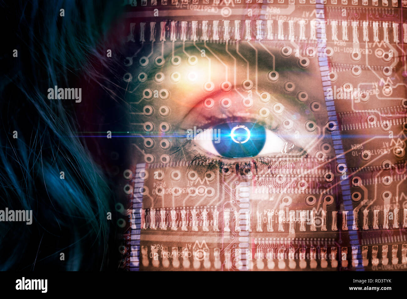 Female face with computer boards, symbolic photo artificial intelligence, Weibliches Gesicht mit Computerplatinen, Symbolfoto künstliche Intelligenz Stock Photo