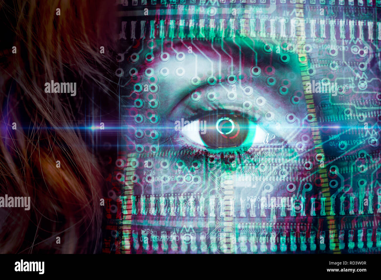 Female face with computer boards, symbolic photo artificial intelligence, Weibliches Gesicht mit Computerplatinen, Symbolfoto künstliche Intelligenz Stock Photo