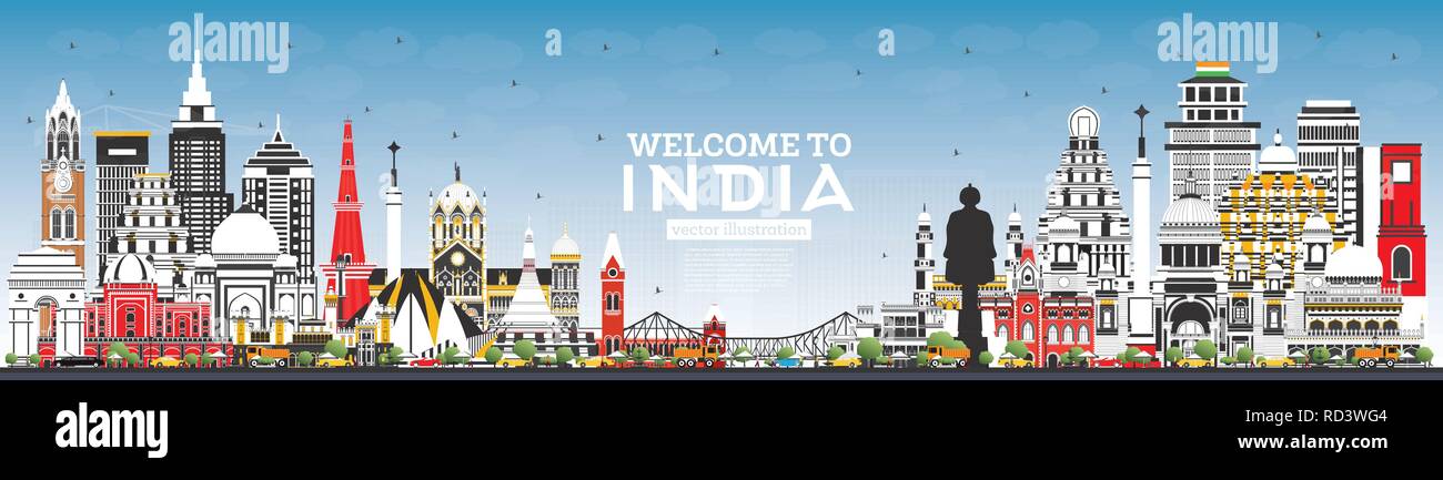 Welcome to India City Skyline with Color Buildings and Blue Sky. Delhi. Mumbai, Bangalore, Chennai, Hyderabad, Kolkata, Patna, Visakhapatnam. Stock Vector