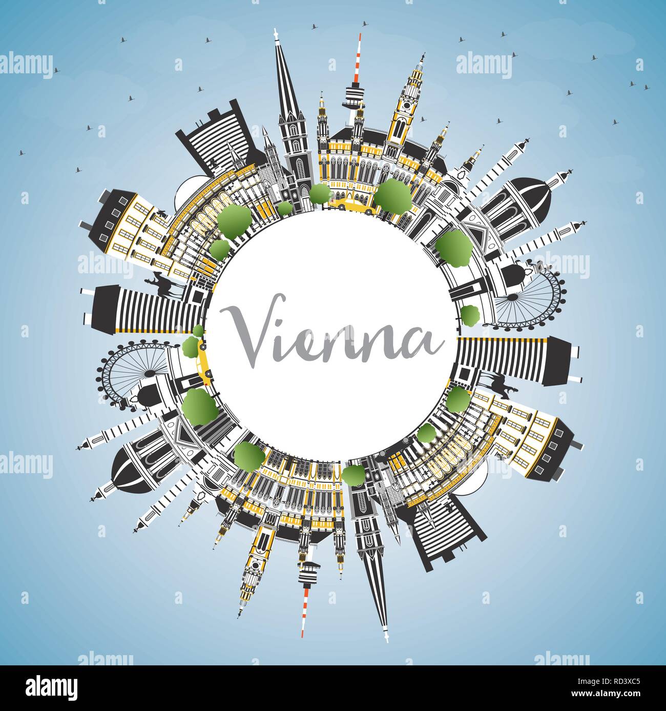 Vienna Austria City Skyline with Color Buildings, Blue Sky and Copy Space. Vector Illustration. Stock Vector
