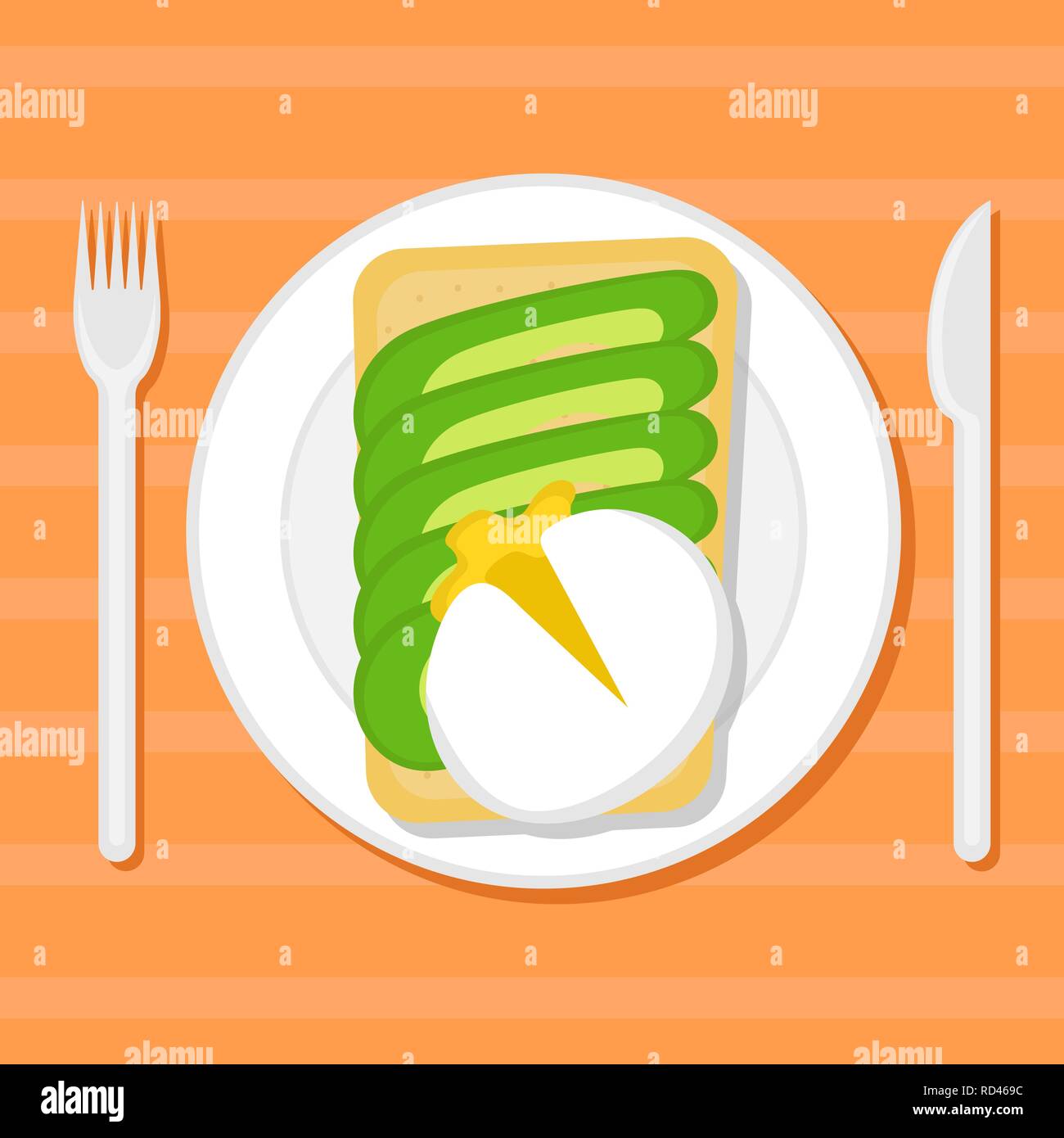 Toast with avocado slices and poached egg on a plate. Flat vector illustration. Top view Stock Vector