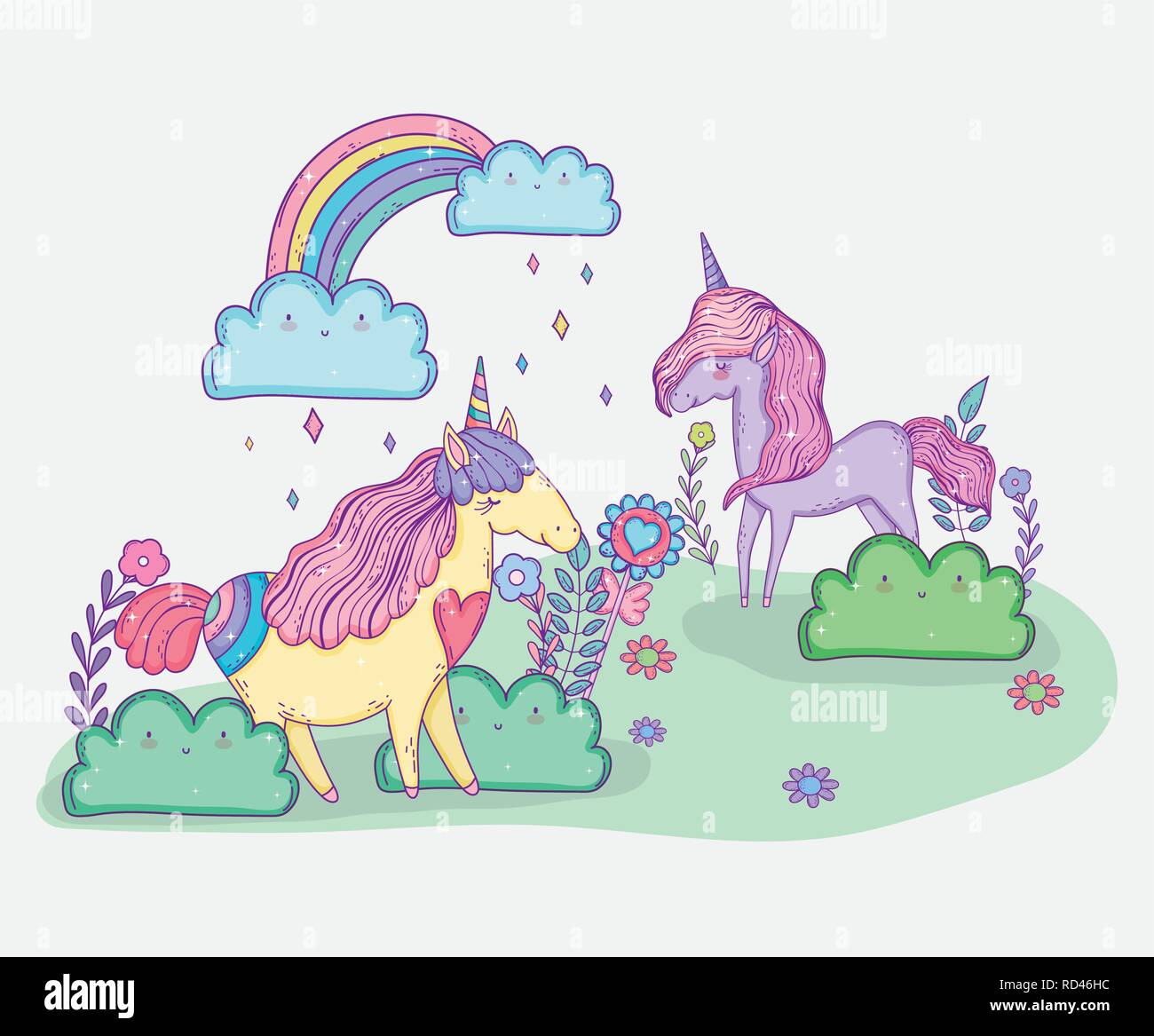 cute unicorns with flowers and rainbow with clouds Stock Vector Image ...