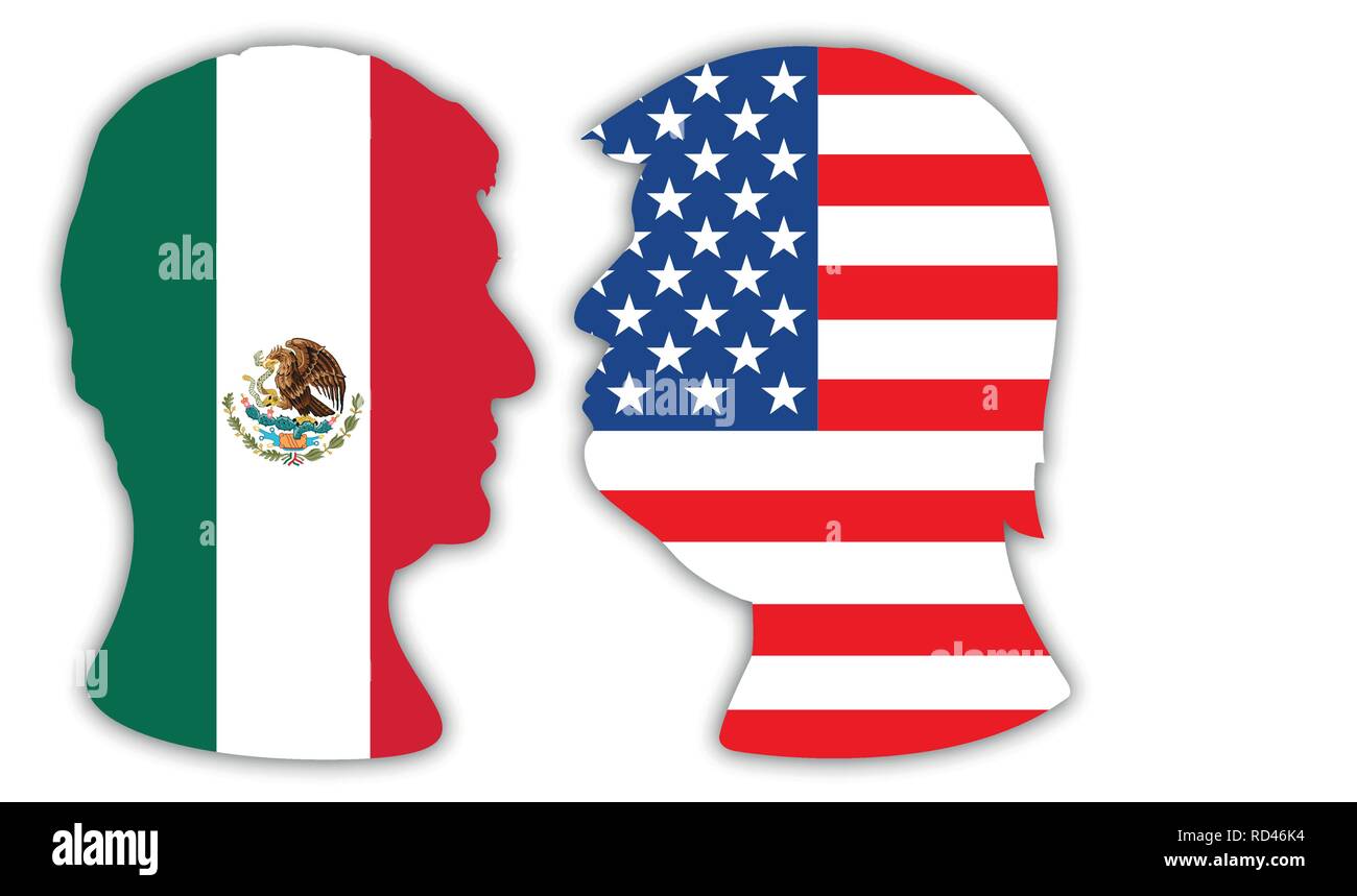 Presidents Obrador and Trump portraits, silhouettes with national flags, vector illustration Stock Vector