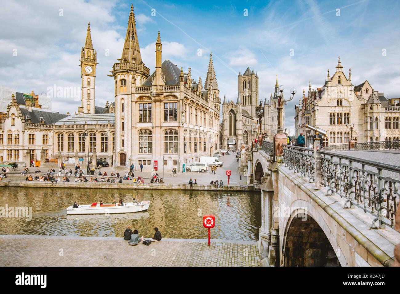 Panoramic view of the historic city center of Ghent with Leie river on a sunny day, East Flanders region, Belgium Stock Photo