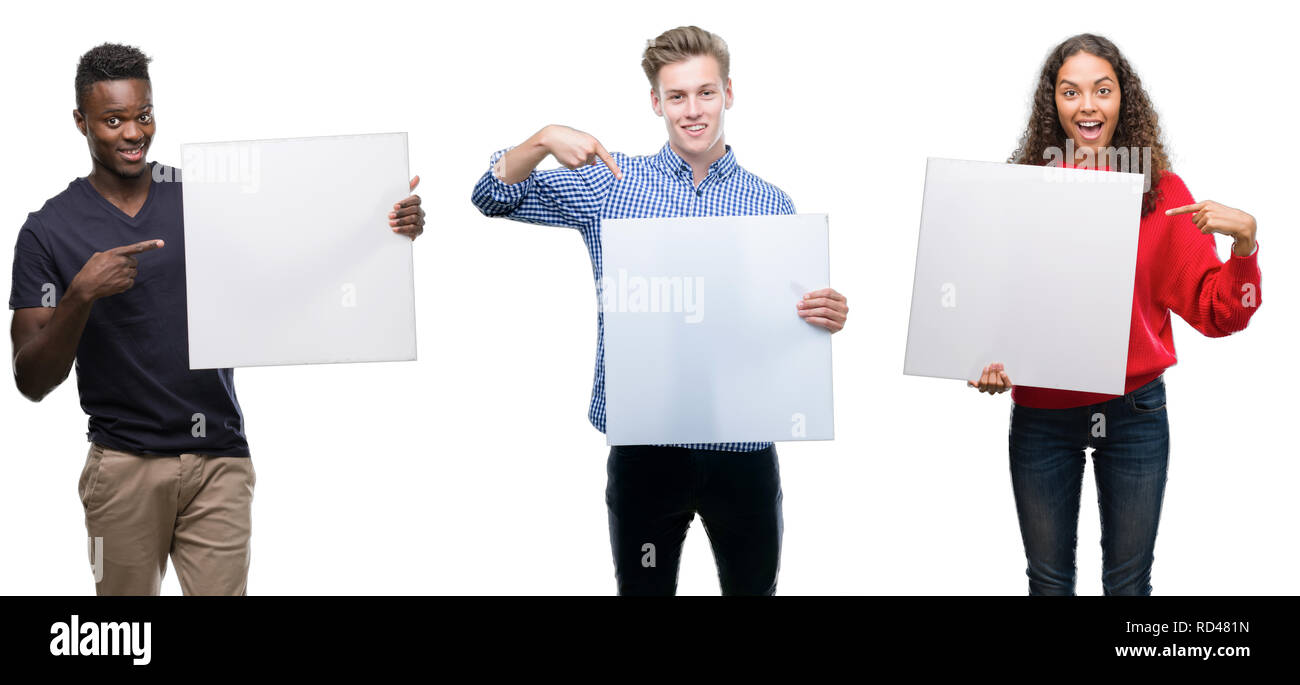 Composition of young people holding blank banner over isolated ...