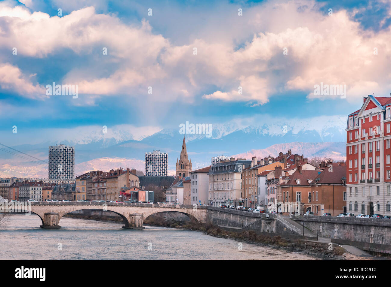 Church, Isere river and bridge in Grenoble, France Stock Photo