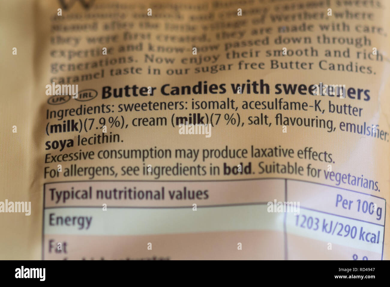 Sweeteners isomalt and acesulfame-K shown in ingredients list on packet of Werthers sugar free butter candies sweets Stock Photo