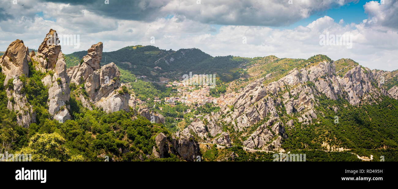 Panoramic view of famous Lucan Dolomites with beautiful mountain village of Castelmezzano in summer, Basilicata, Italy Stock Photo
