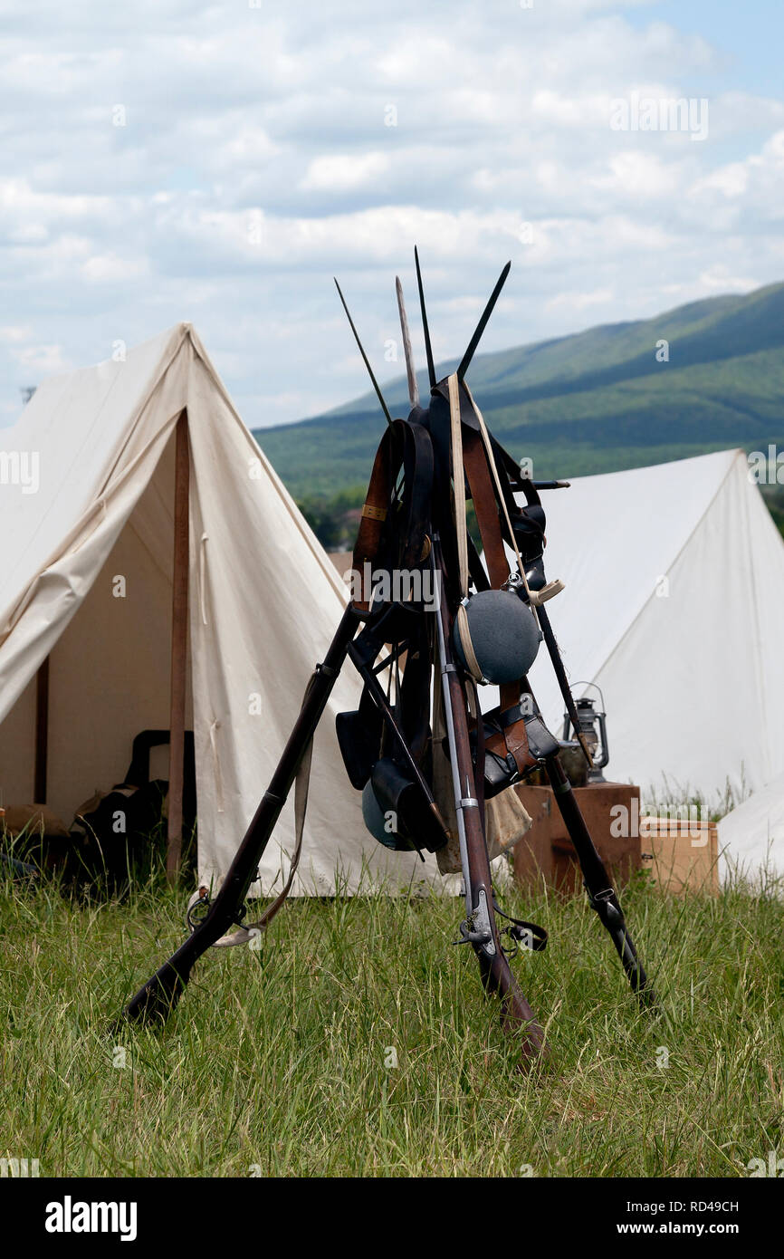 A group of civil war soldier's equipment setup and ready to respond