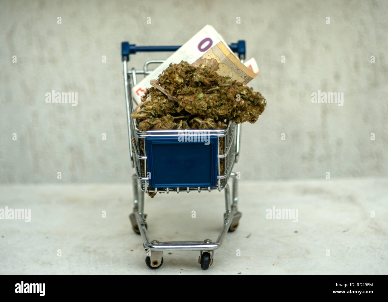 Shopping Cart Banner Blank Advertisement Full Of Euro Money Paper - shopping cart banner blank advertisement full of euro money paper and marijuana drugs weed pusher