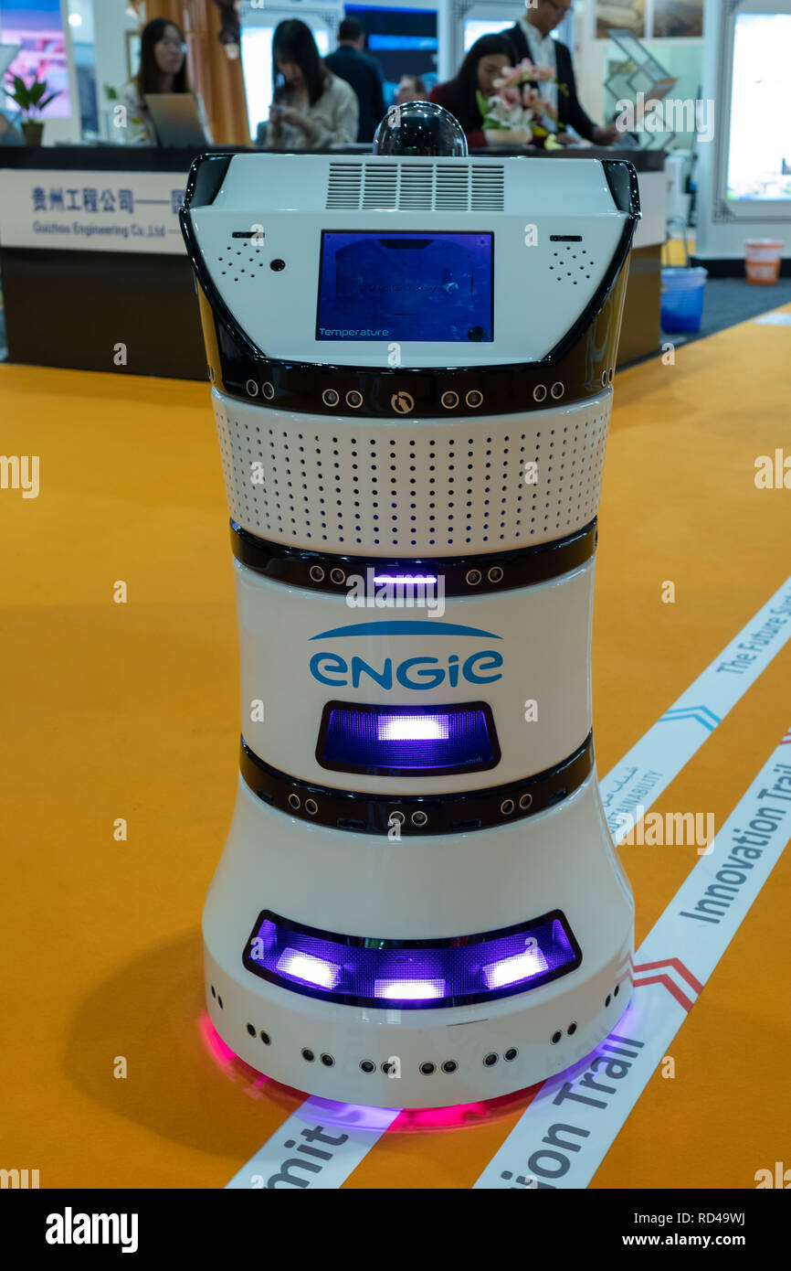 Abu Dhabi‎, UAE. 16th January, 2019. ENGie DIYA ONE, the air purifying robot  developed by Cofely Services and Partnering Robotics displayed at World  Future Energy Summit (WFES). Credit: Fahd Khan / Alamy