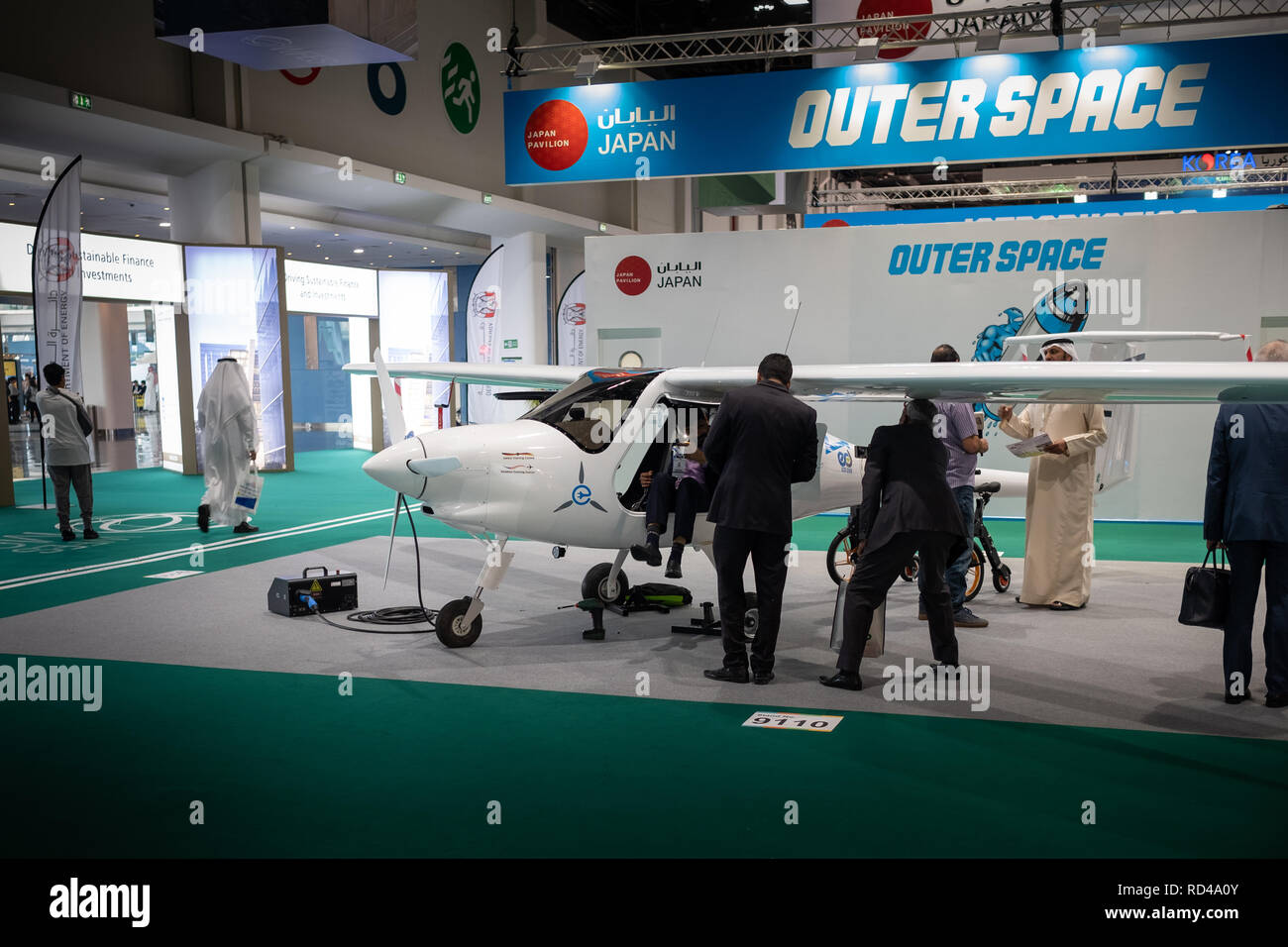 Abu Dhabi, UAE. 16th January, 2019. Pipstel Electric Airplane at World Future Energy Summit (WFES). Credit: Fahd Khan / Alamy Live News Stock Photo