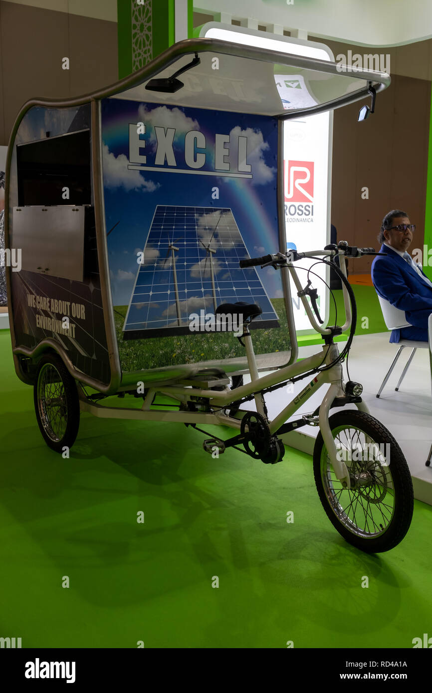 Abu Dhabi, UAE. 16th January, 2019. Escel Solar Tricycle display at World Future Energy Summit (WFES). Credit: Fahd Khan / Alamy Live News Stock Photo