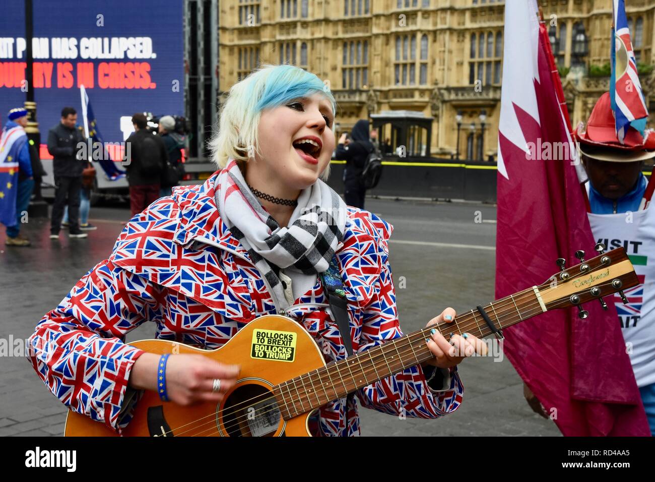 Madeleine Kay,EUsupergirl.On the day that the House debated a Labour no-confidence motion in Theresa May following yesterday's Brexit deal defeat.Houses of Parliament,Westminster,London.UK Stock Photo