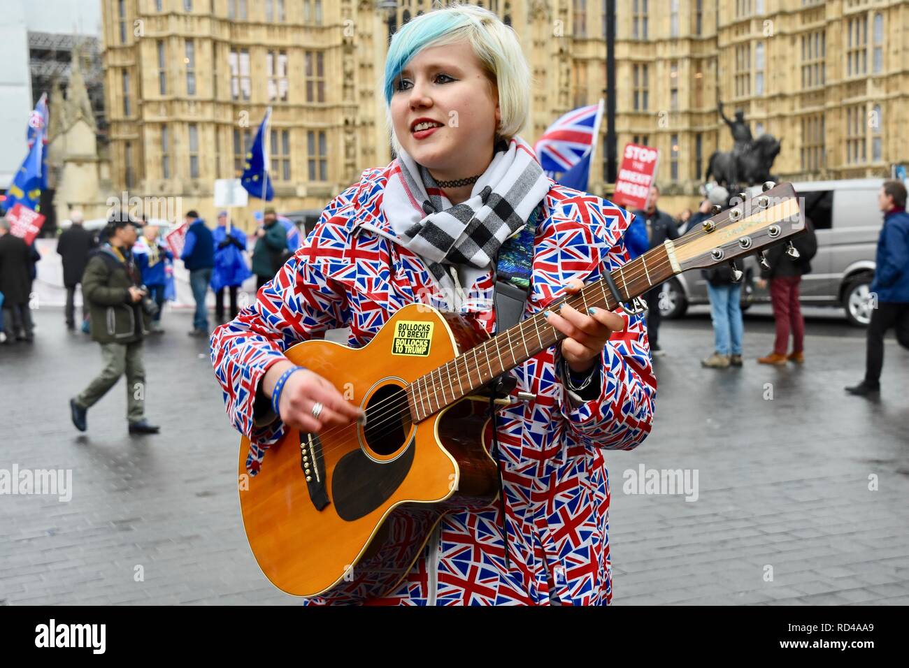 Madeleine Kay,EUsupergirl.On the day that the house debated a Labour no-confidence motion in Theresa May following yesterday's Brexit deal defeat.Houses of Parliament,London.UK Stock Photo