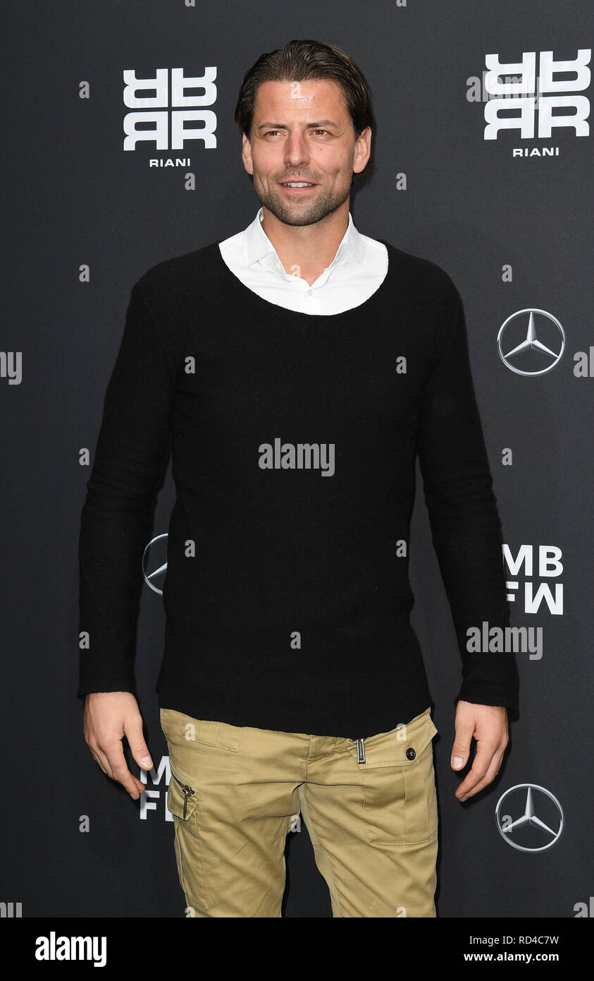 Berlin, Germany. 16th Jan, 2019. Former footballer Roman Weidenfeller comes to the fashion show of the label 'Riani' at the E-Werk. The collections for Autumn/Winter 2019/2020 will be presented at Berlin Fashion Week. Credit: Britta Pedersen/dpa/Alamy Live News Stock Photo