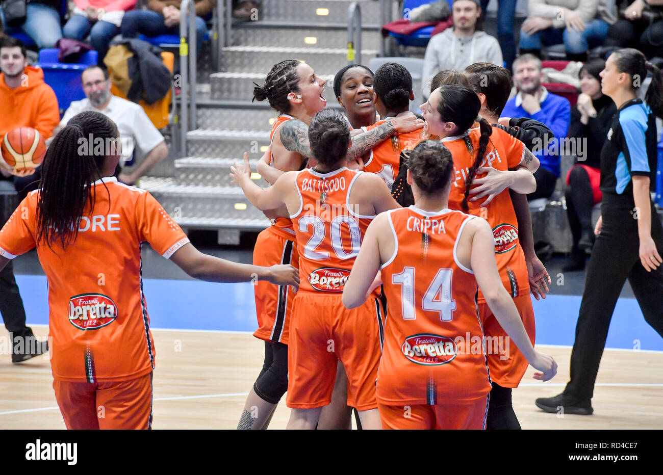 Prague, Czech Republic. 16th Jan, 2019. Players of Schio celebrate after the winning the 9th