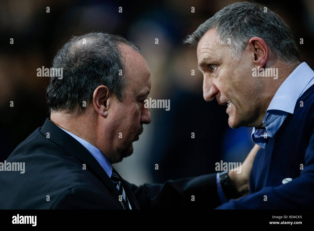 Newcastle United Manager Rafa Benitez and Blackburn Rovers Manager Tony Mowbray during the FA Cup Third Round replay between Blackburn Rovers and Newcastle United at Ewood Park on January 15th 2019 in Blackburn, England. (Photo by Daniel Chesterton/phcimages.com) Stock Photo