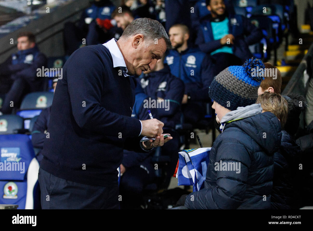 Blackburn Rovers Manager Tony Mowbray signs autographs for fans before the FA Cup Third Round replay between Blackburn Rovers and Newcastle United at Ewood Park on January 15th 2019 in Blackburn, England. (Photo by Daniel Chesterton/phcimages.com) Stock Photo