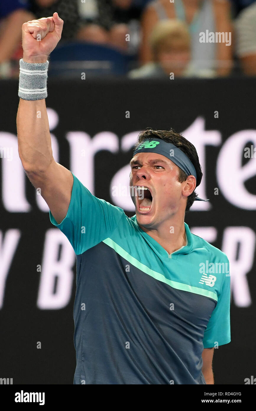 Melbourne, Australia. January 17, 2019: 16th seed Milos Raonic of Canada celebrates his win in the second round match against Stan Wawrinka of Switzerland on day four of the 2019 Australian Open Grand Slam tennis tournament in Raonic won 67 76 76 76. Sydney Low/Cal Sport Media Credit: Cal Sport Media/Alamy Live News Stock Photo