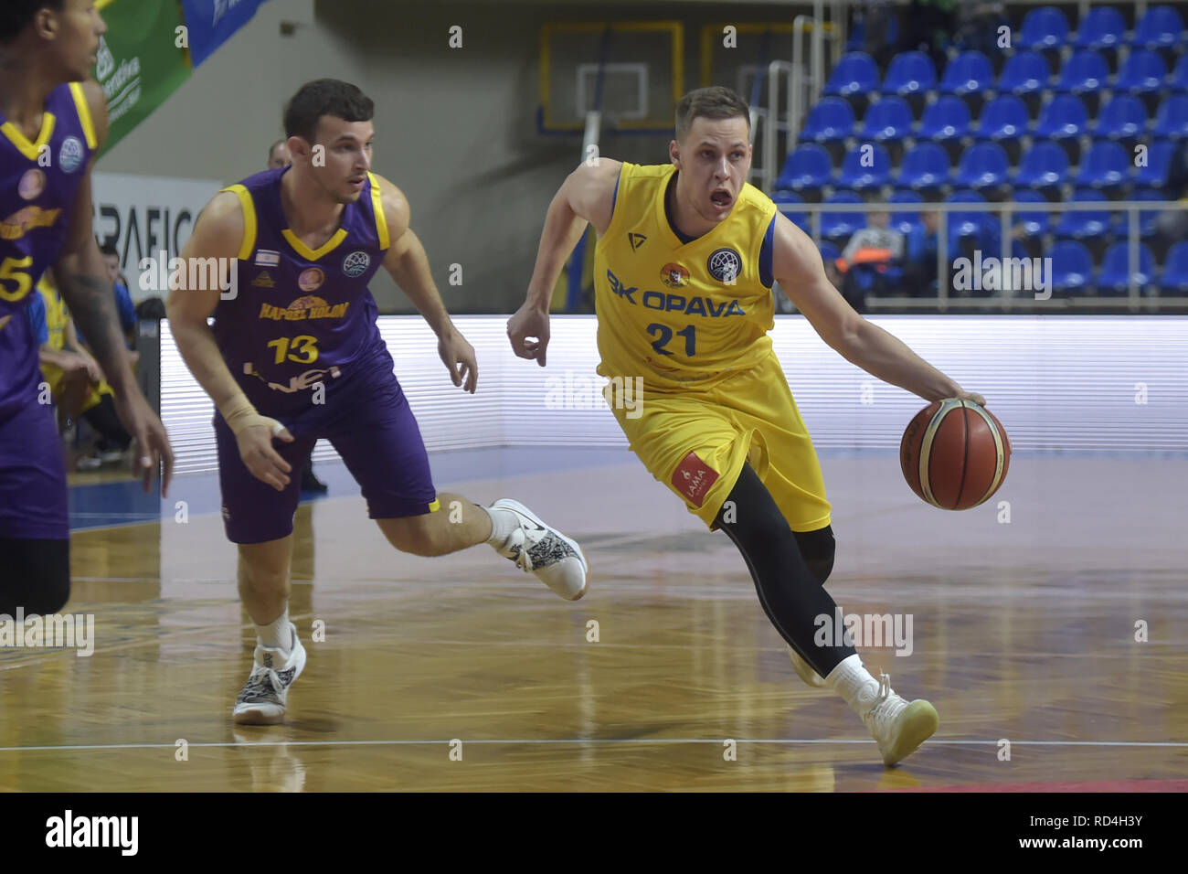Opava, Czech Republic. 16th Jan, 2019. L-R Roi Huber (Hapoel) and Radovan  Kouril (Opava) in action