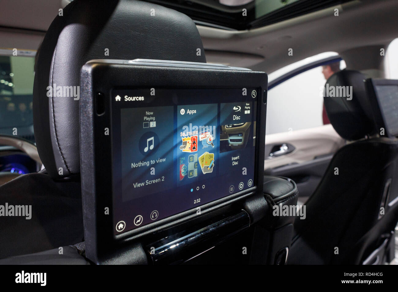 Detroit. 16th Jan, 2019. Photo taken on Jan. 16, 2019 shows a touch screen inside the Chrysler Pacifica Hybrid at the 2019 North American International Auto Show (NAIAS) in Detroit, the United States. Credit: Elaine Cromie/Xinhua/Alamy Live News Stock Photo