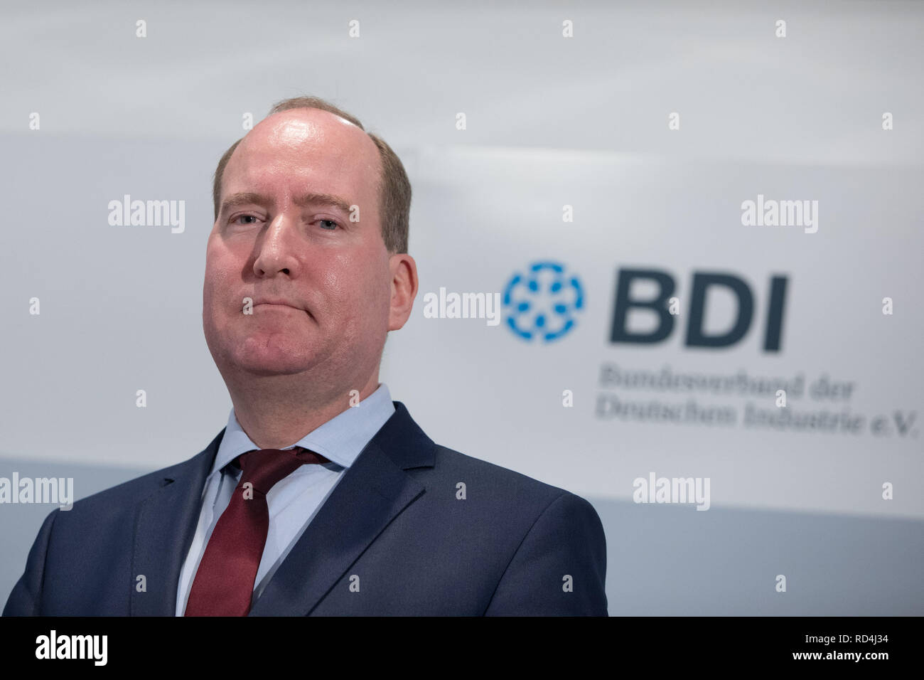 Berlin, Germany. 17th Jan, 2019. Joachim Lang, BDI Managing Director,  speaks at the annual kick-off pk of the Federation of German Industries  (BDI). It comments on current economic policy developments and on