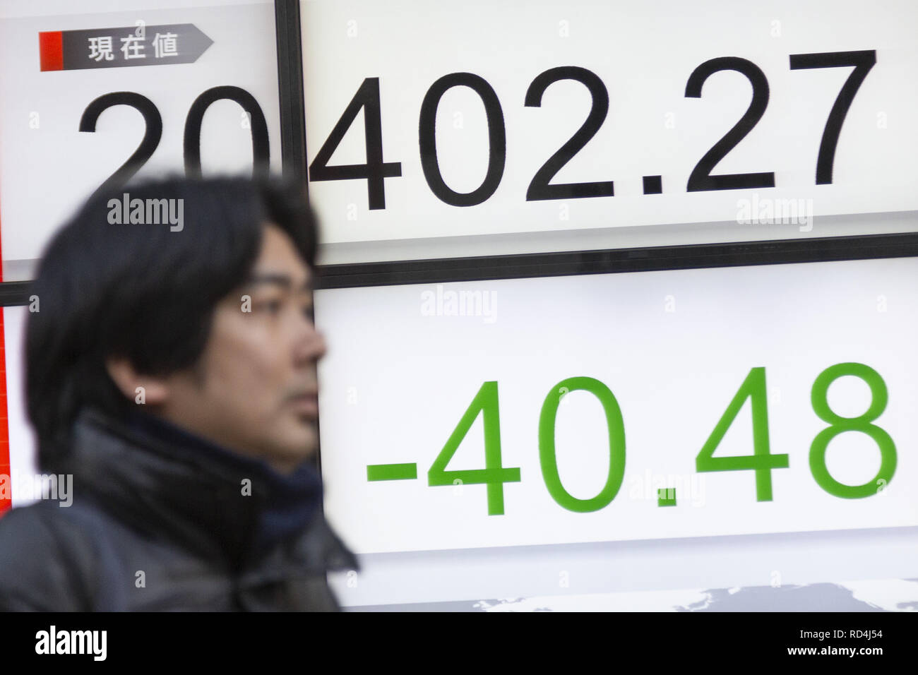 January 17, 2019 - Tokyo, Japan - A man walks past an electronic stock board showing Japan's Nikkei Stock Average, which ended down 40.48 points or 0.20 percent to close at 20,402.27. The broader Topix index added 0.35 percent or 5.43 points to stand at 1,543.20. (Credit Image: © Rodrigo Reyes Marin/ZUMA Wire) Stock Photo