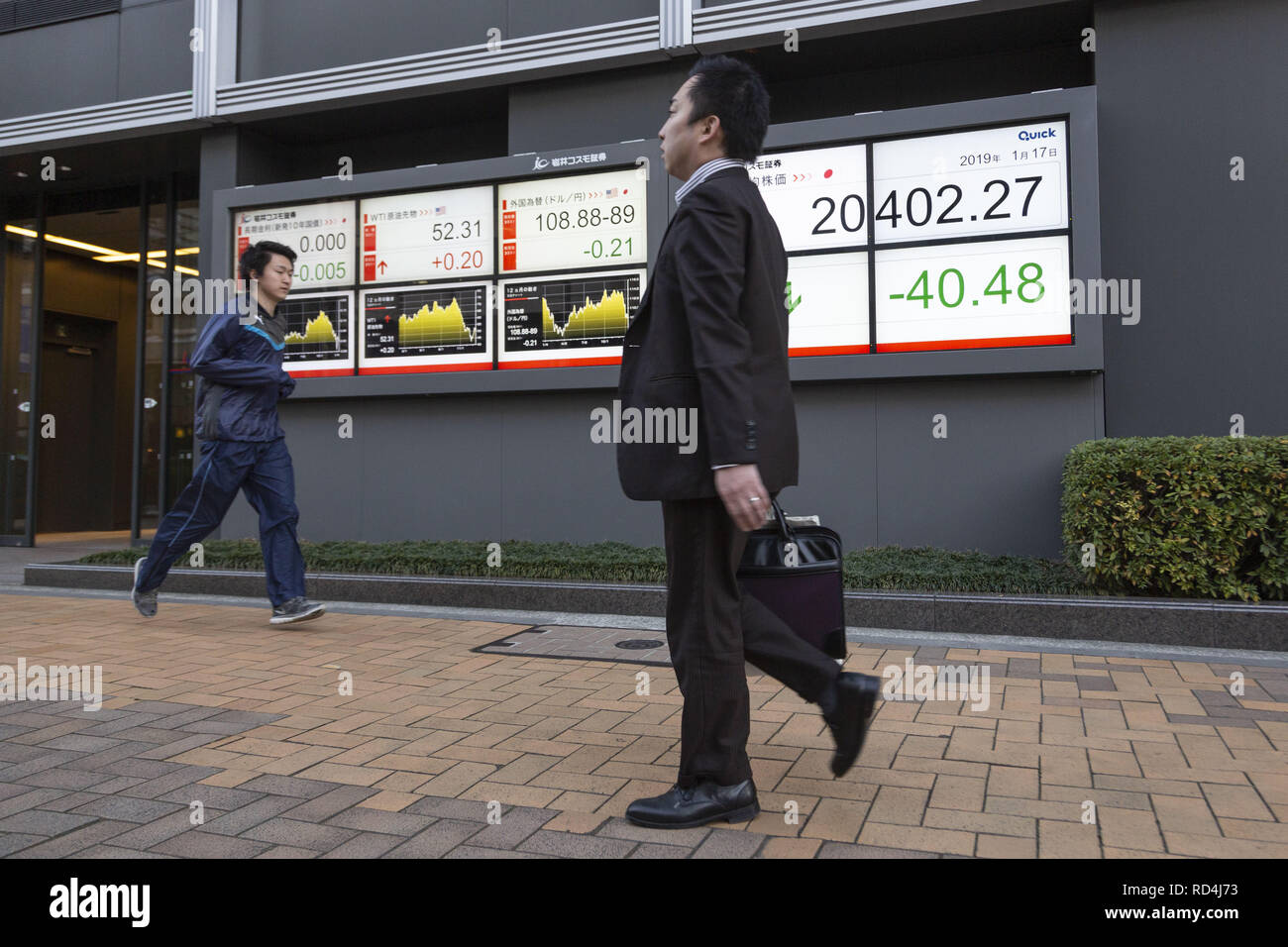 January 17, 2019 - Tokyo, Japan - Pedestrians walk past an electronic stock board showing Japan's Nikkei Stock Average, which ended down 40.48 points or 0.20 percent to close at 20,402.27. The broader Topix index added 0.35 percent or 5.43 points to stand at 1,543.20. (Credit Image: © Rodrigo Reyes Marin/ZUMA Wire) Stock Photo