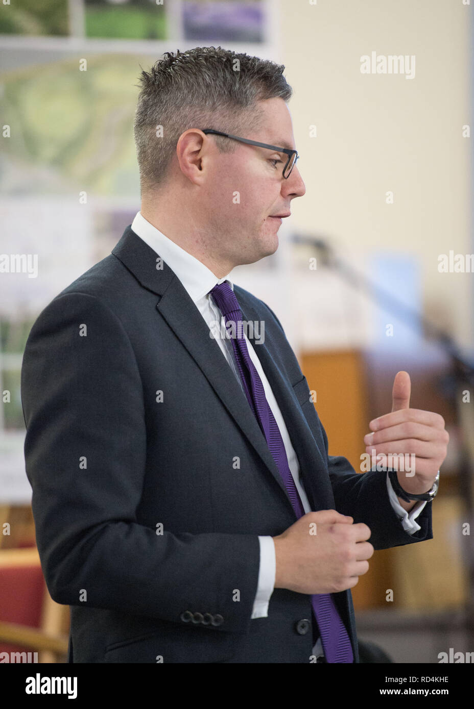 Winchburgh, West Lothian UK - 17th January 2019.  Finance Secretary Derek Mackay (Pictured) meets the developers, West Lothian Council and other stakeholders at the Winchburgh Village site. More than 3,000 new homes as well as the associated infrastructure, community areas and schools are to be built in Winchburgh, West Lothian – creating one of the UK’s biggest housing-linked infrastructure projects. Credit: Colin Fisher/Alamy Live News Stock Photo