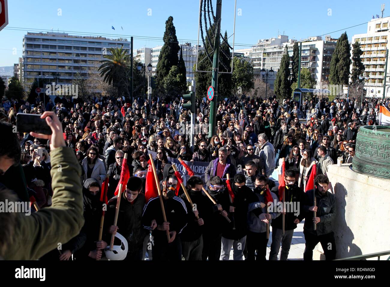 Athens, Greece. 17th Jan, 2019. School teachers protest outside of Greek parliament. Hundreds of striking Greek school teachers, are marching through central Athens to protest the proposed new hiring criteria for state school teachers. (Credit Image: © Aristidis VafeiadakisZUMA Wire) Stock Photo