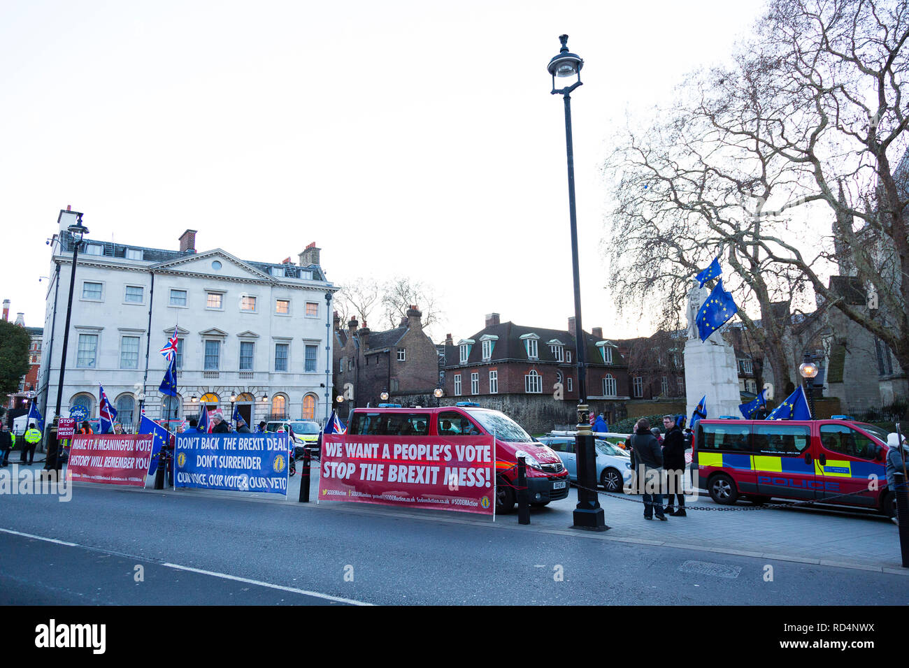 London, UK. 17th Jan, 2019. LONDON, UK. Large hoardings protesting against leaving the EU along the road opposite the Houses of Parliament. Credit: Dave Stevenson/Alamy Live News Stock Photo