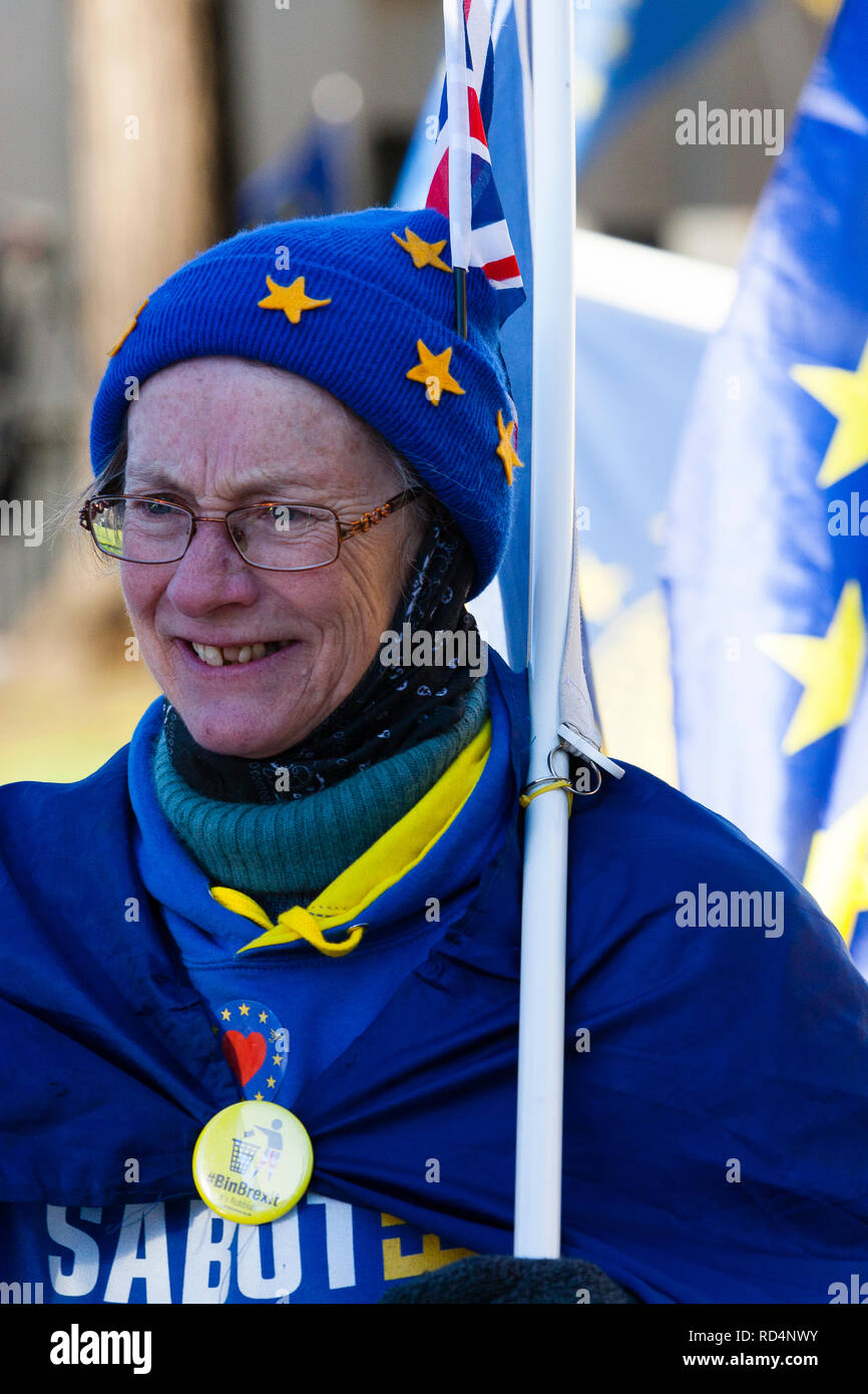 London, UK. 17th Jan, 2019. LONDON, UK. A Remain supporter in EU regalia at College Green opposite Parliament. Credit: Dave Stevenson/Alamy Live News Stock Photo