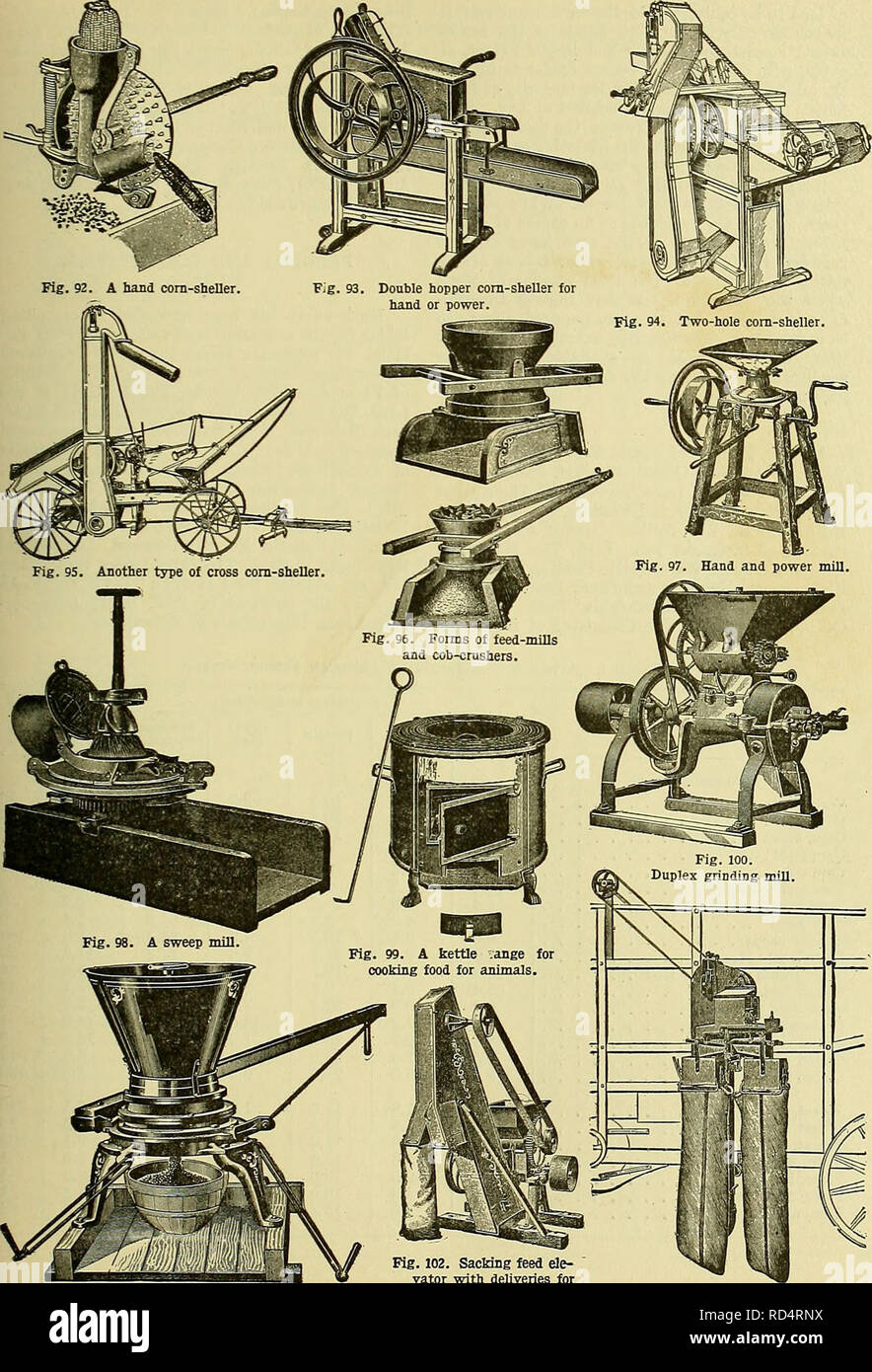 Cyclopedia of farm animals. Domestic animals; Animal products. PRINCIPLES  OF STOCK-FEEDING 91. Fig. 101. Grinding mill. Fig. 102. Sacking feed ele-  vator with deliveries for two sacks. Fig. 103. Grain bagger