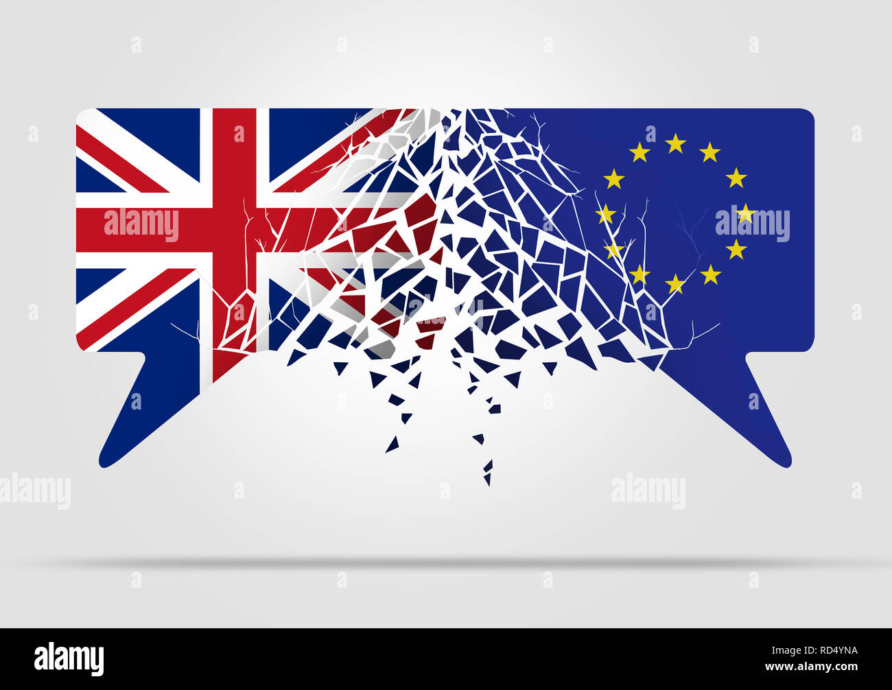 European Community and United Kingdom broken communication symbol with the flag of the UK and Europe in a 3D illustration style. Stock Photo