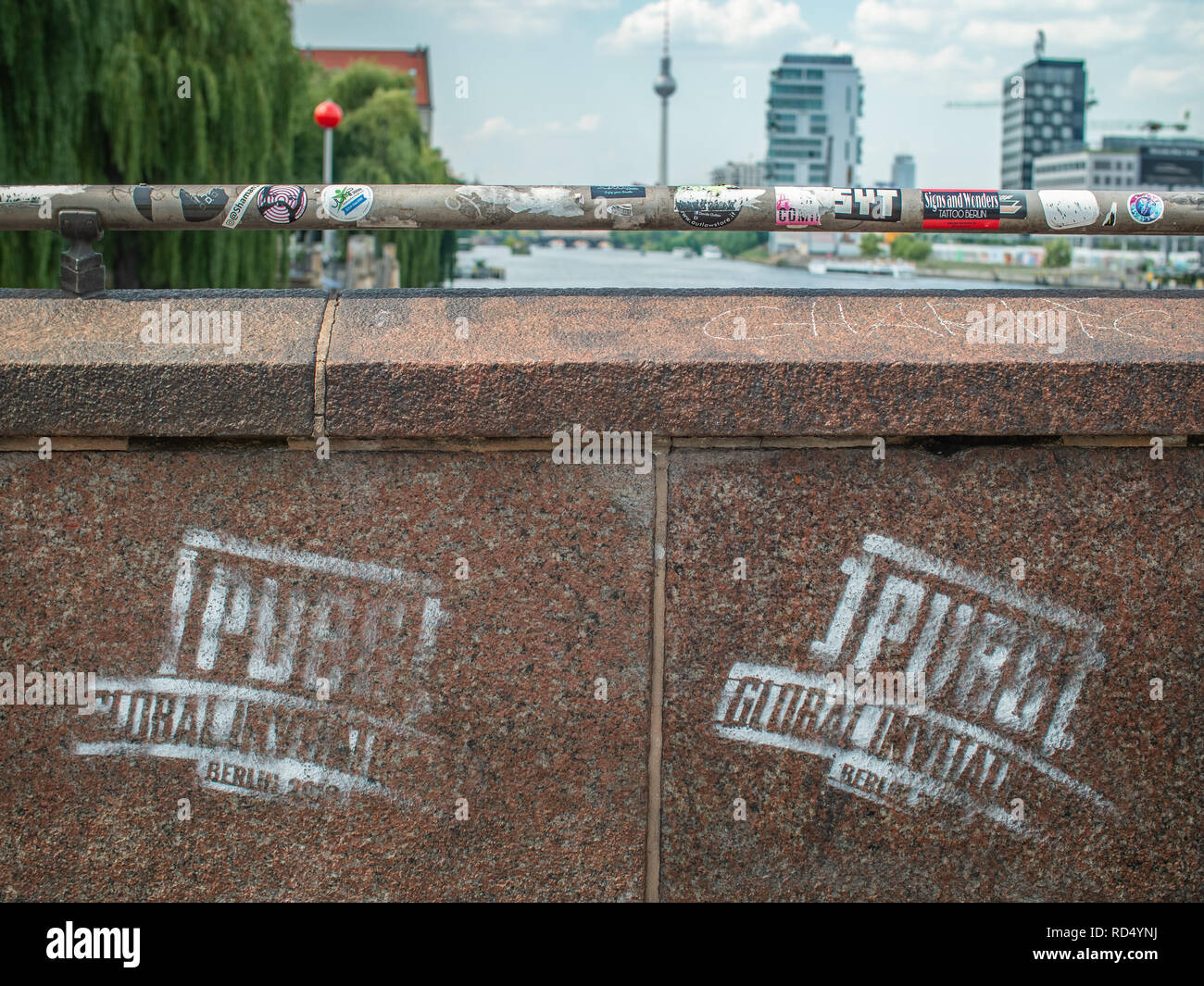 BERLIN, GERMANY - JULY 2018: PlayerUnknown’s Battlegrounds Global Invitational logo spray painted on a bridge Stock Photo
