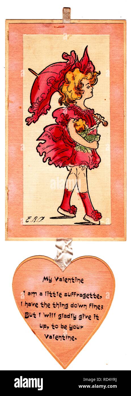 Suffrage-era, die-cut Valentine card, with a pink-bordered, rectilinear top portion, with an image of a small blonde girl, wearing a red dress and holding a red umbrella and a small doll, attached by ribbon to a lower, heart-shaped portion, with the text 'My Valentine, I am a little suffragette, I have the thing down fine; But I will gladly give it up, to be your Valentine', 1900. () Stock Photo