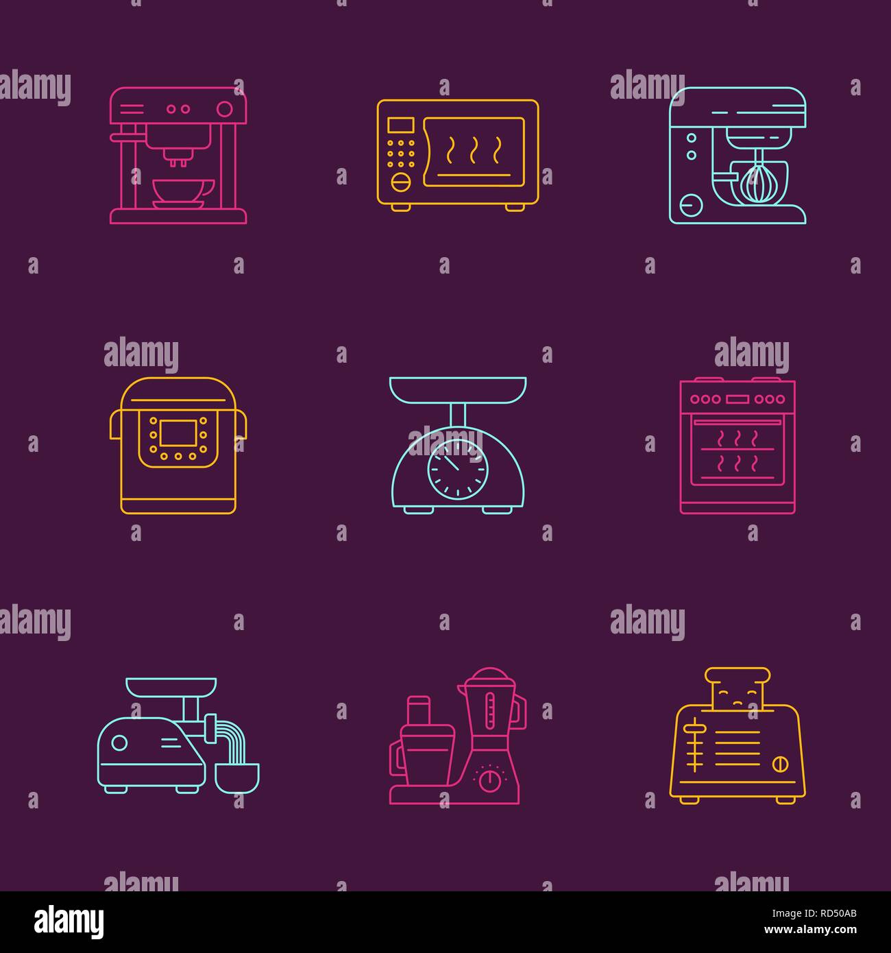 Kitchen utensils and household appliances linear icons Stock Vector ...