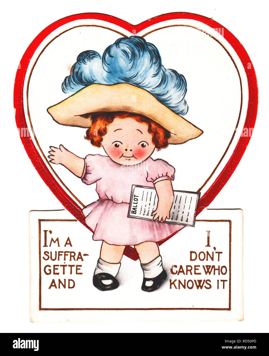 Suffrage-era, die-cut Valentine card, depicting a small, red-haired girl, wearing a pink dress and large hat with a blue plume, holding a document marked 'ballot, ' and standing in the margins of a red bordered heart, with text at the rectangular base reading 'I'm a suffragette and I don't care who knows it', 1900. () Stock Photo
