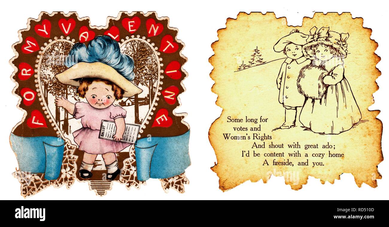 Both sides of an anti-Suffrage, die-cut Valentine card; depicting (recto) a small girl wearing a pink dress and large hat, and holding a document marked 'ballot, ' set within a heart bordered by the text 'Be My Valentine'; and (verso) a line illustration of a warmly dressed boy and girl, walking together in a wintery, outdoor setting, with the text 'Some long for votes and Women's Rights, And shout with great ado; I'd be content with a cozy home, A fireside, and you', 1900. () Stock Photo