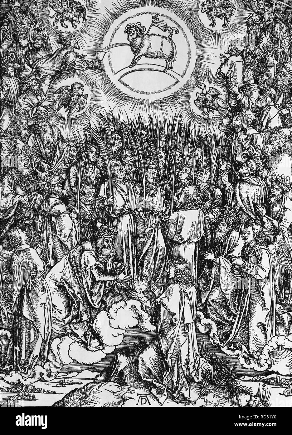 The hymn in adoration of the lamb. Apocalypse. Woodcut by Albrecht Durer. 1498. Stock Photo