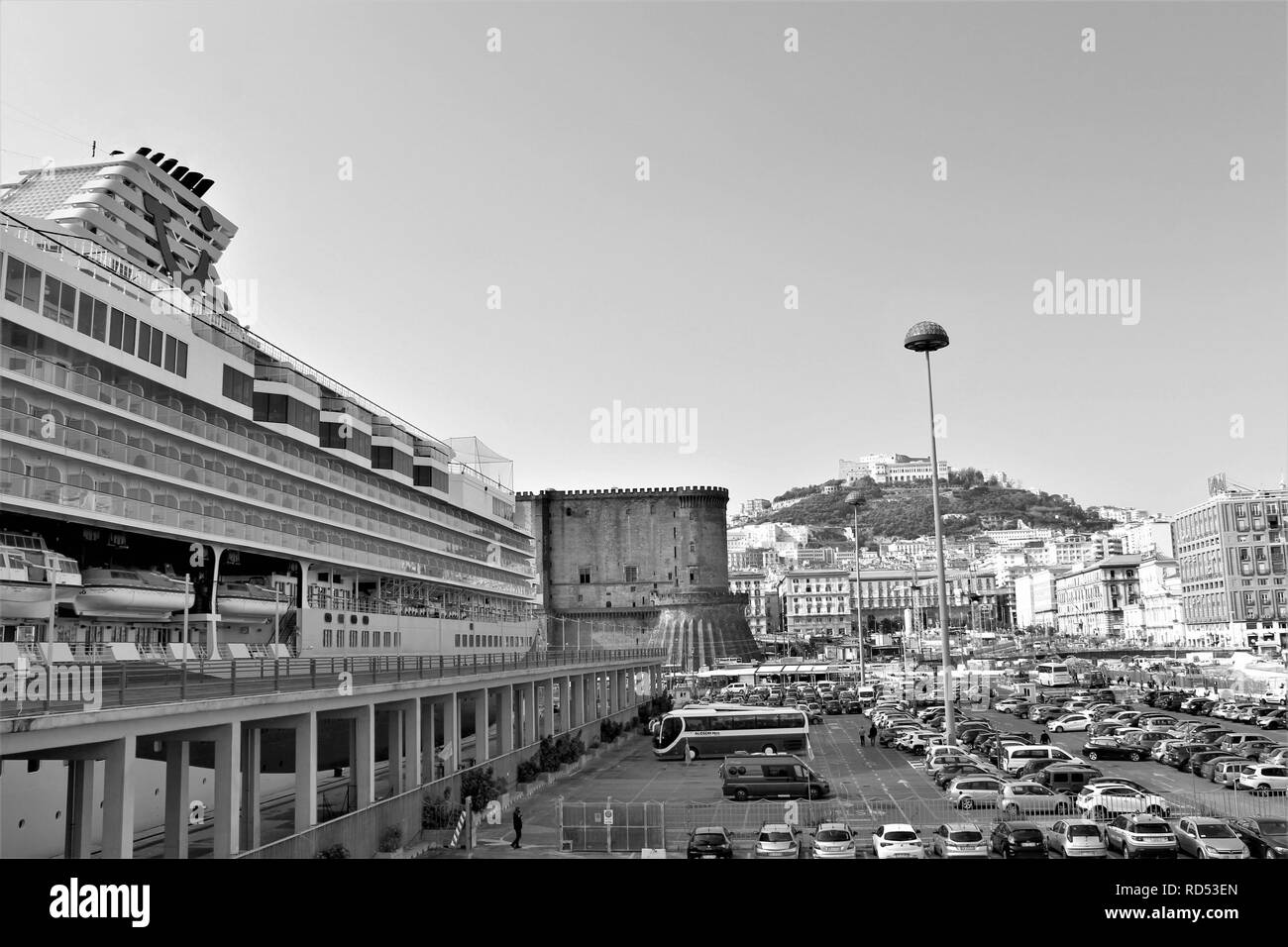 Naples, Italy - October 23rd 2018: Afternoon view of the Marella Explorer TUI Cruise Ship docked in the busy port of Naples. Stock Photo