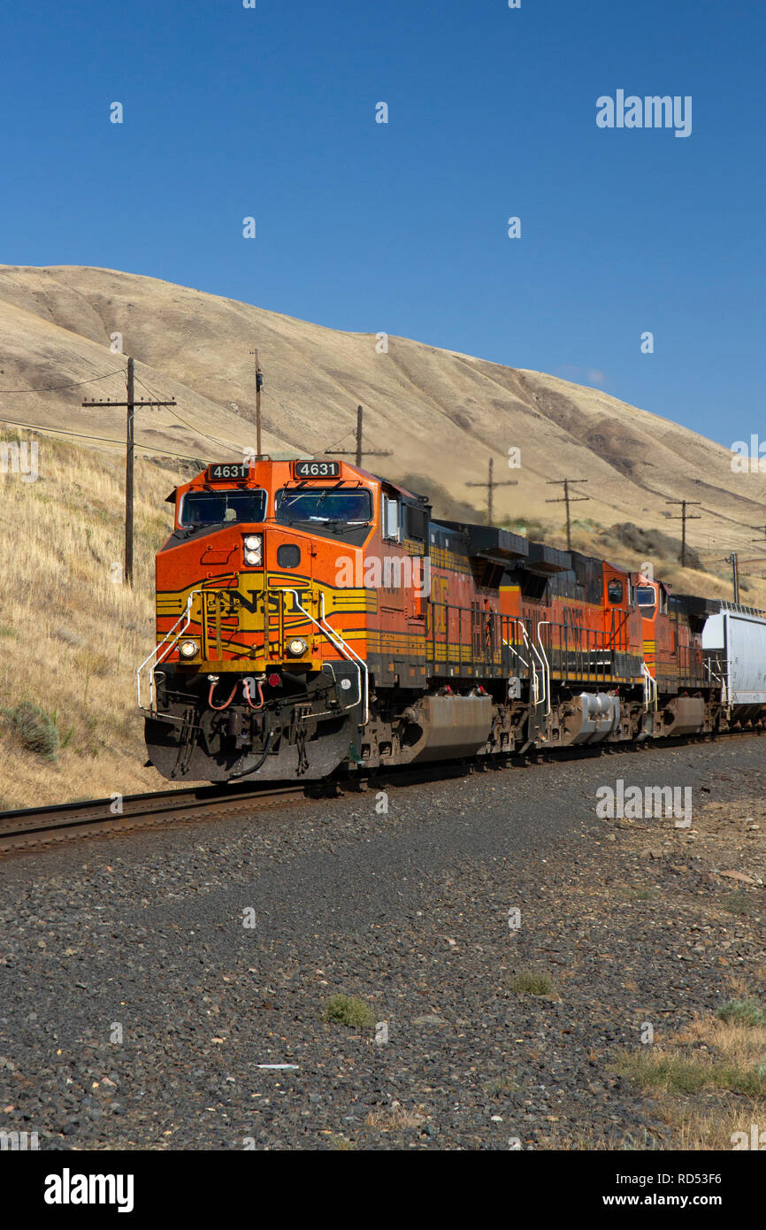 BNSF train passing through Avery State Recreation Area Stock Photo