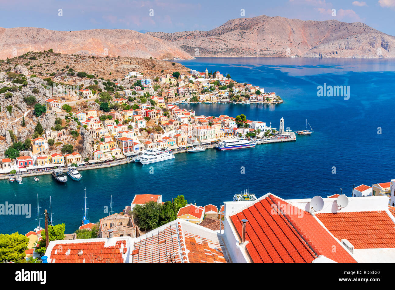 Symi, Greece. Colored houses village in Dodecanese islands, Rhodes. Stock Photo