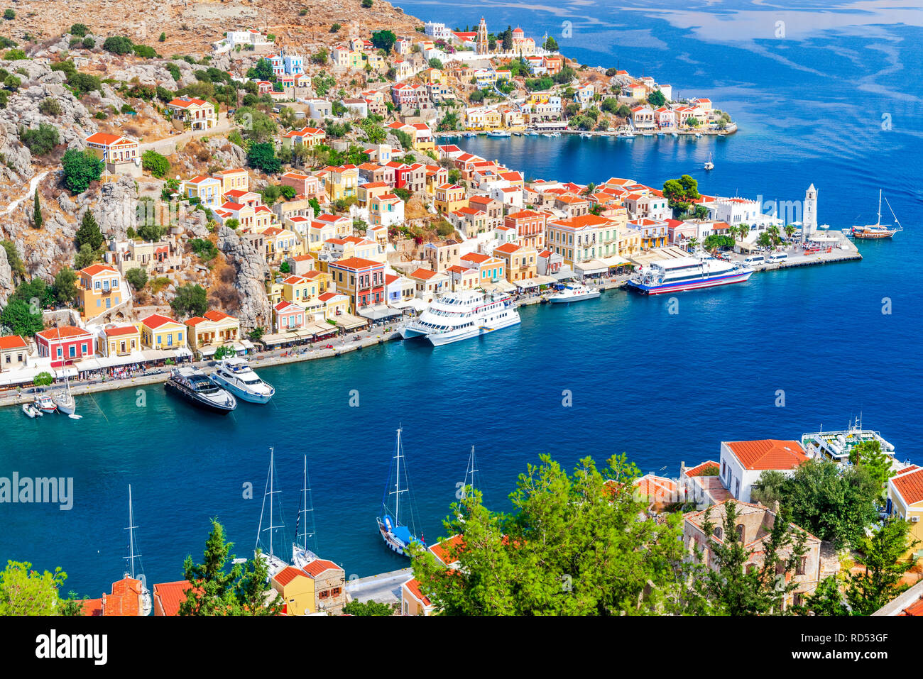 Symi, Greece. Colored houses village in Dodecanese islands, Rhodes. Stock Photo