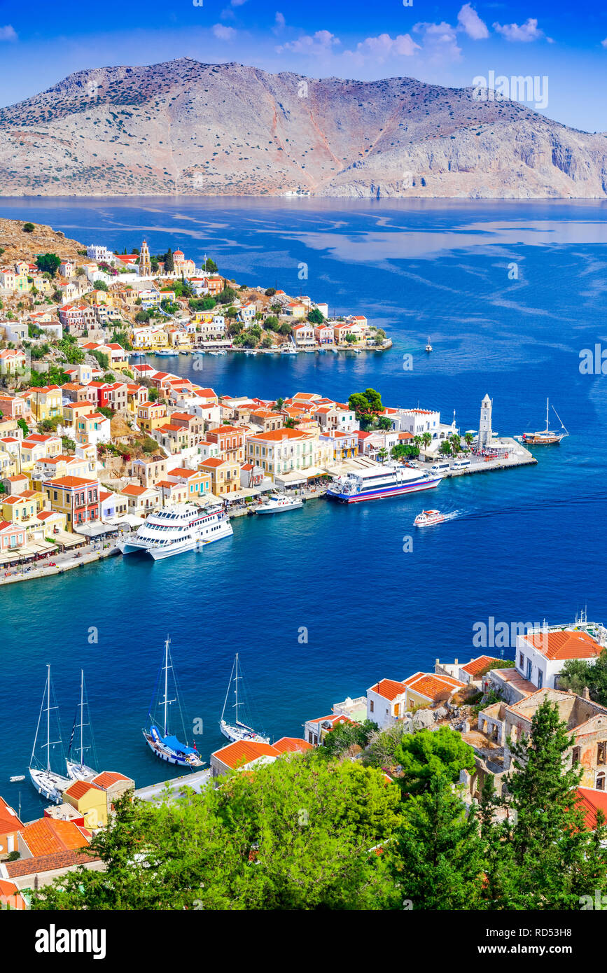 Symi, Greece. Colored houses village in Dodecanese islands, Rhodes. Stock Photo