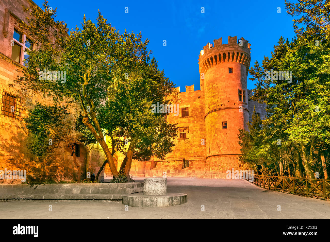 Rhodes, Greece - Palace of the Grand Master of the Knights of Rhodes, night scene. Stock Photo