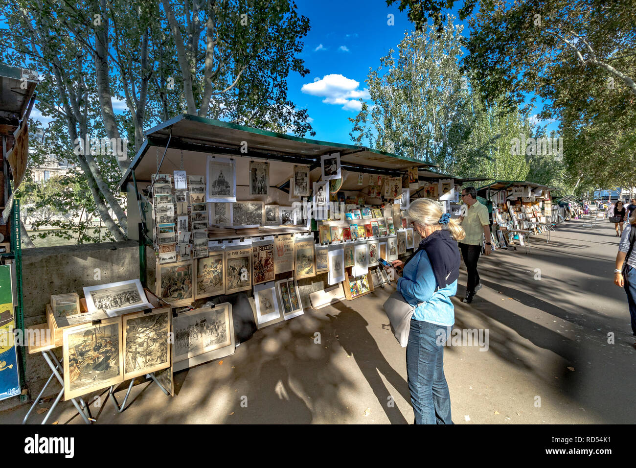 A woman looks at her phone next to a Bouquinistes , a green painted kiosk selling second hand books ,magazines and prints, Quai De Conti ,Paris Stock Photo
